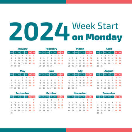 Simple 2024 year calendar, week starts on Mondayの写真素材