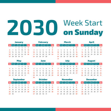 Simple 2030 year calendar, week starts on Sundayのイラスト素材
