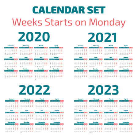 Simple 2020-2023 years calendar, week starts on Mondayのイラスト素材
