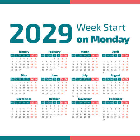 Simple 2029 year calendar, week starts on mondayのイラスト素材