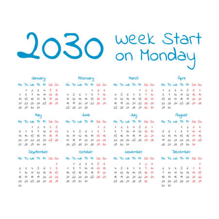 Simple 2030 year calendar, week starts on Mondayのイラスト素材