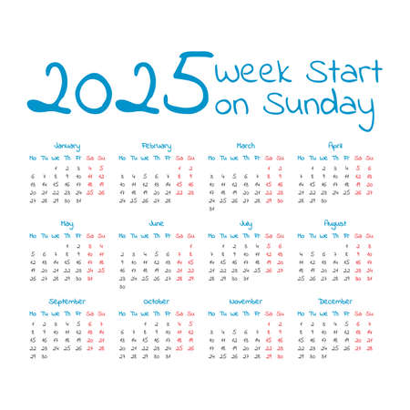 Simple 2025 year calendar, week starts on sundayのイラスト素材