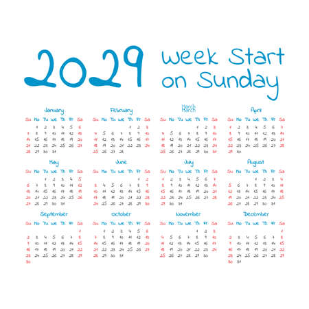 Simple 2029 year calendar, week starts on Sundayのイラスト素材