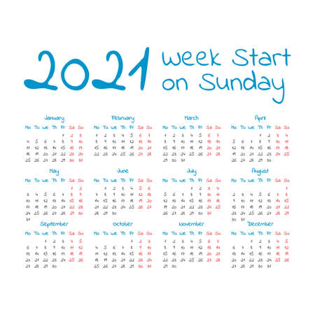 Simple 2021 year calendar, week starts on sundayのイラスト素材