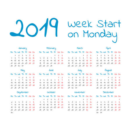 Simple 2019 year calendar, week starts on Mondayのイラスト素材