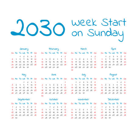 Simple 2030 year calendar, week starts on Sundayのイラスト素材