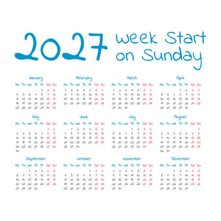 Simple 2027 year calendar, week starts on sundayのイラスト素材