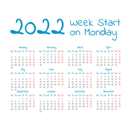 Simple 2022 year calendar, week starts on Mondayのイラスト素材