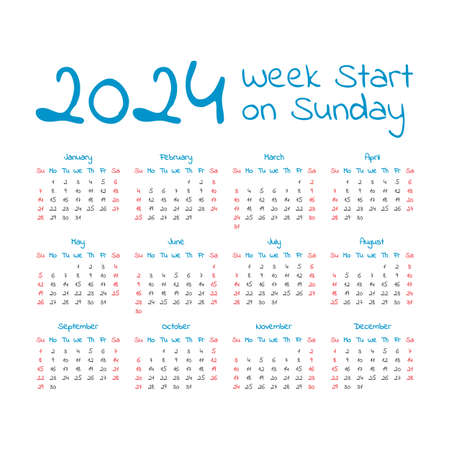 Simple 2024 year calendar, week starts on sundayのイラスト素材