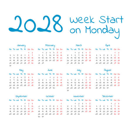 Simple 2028 year calendar, week starts on Mondayのイラスト素材