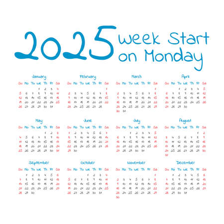 Simple 2025 year calendar, week starts on Mondayのイラスト素材