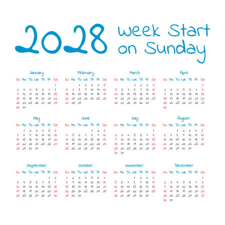 Simple 2028 year calendar, week starts on sundayのイラスト素材