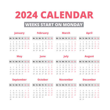 Simple 2024 year calendar, week starts on Mondayのイラスト素材