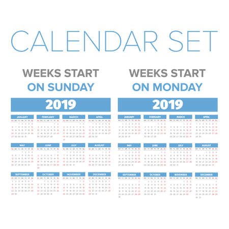 Simple 2019 year calendar set, week starts on Sunday and Mondayのイラスト素材