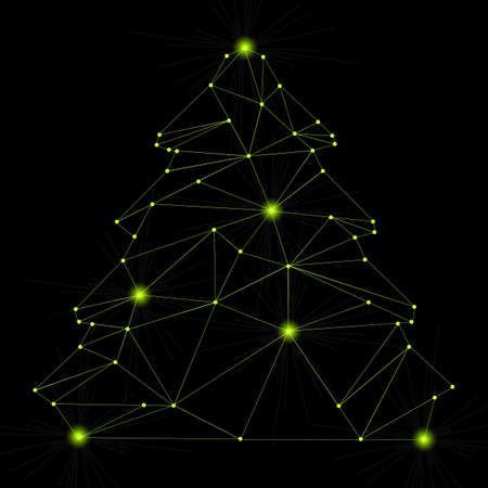 Outline christmas tree on the black background with shiny lightsのイラスト素材