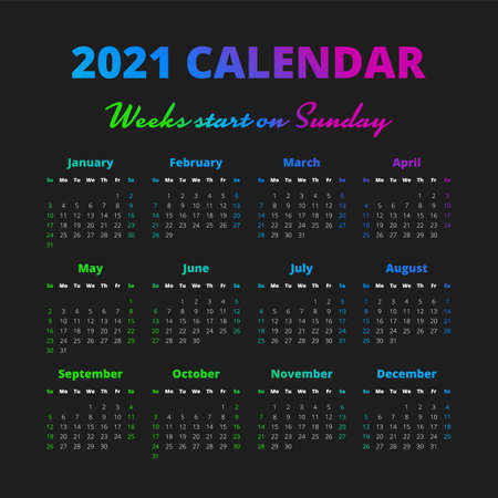Simple 2021 year calendar on the black backgroundのイラスト素材