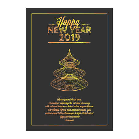 Happy New year retro banner with golden content and Christmas treeのイラスト素材