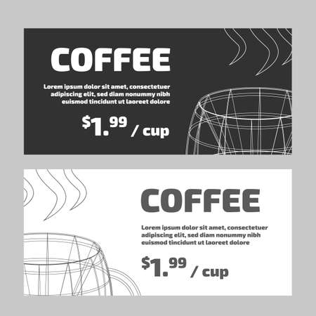 Cafe marketing black and white banners set with outline coffee cupのイラスト素材