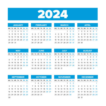 2024 Simple Vector Calendar. Weeks start on Monday. Blue colorのイラスト素材
