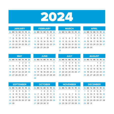 2024 Simple Vector Calendar. Weeks start on Sunday. Blue colorのイラスト素材