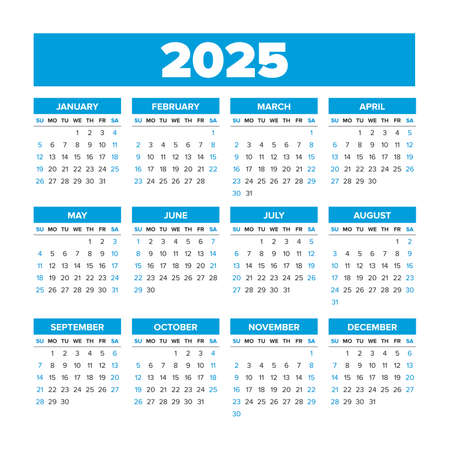 2025 Simple Vector Calendar. Weeks start on Sunday. Blue colorのイラスト素材
