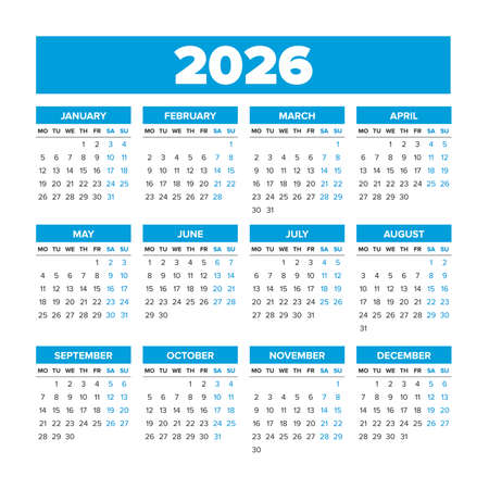 2026 Simple Vector Calendar. Weeks start on Monday. Blue colorのイラスト素材
