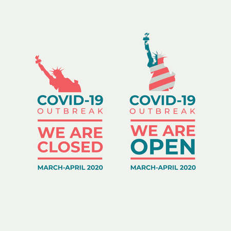 COVID-19 vector banner set. USA Liberty statueのイラスト素材
