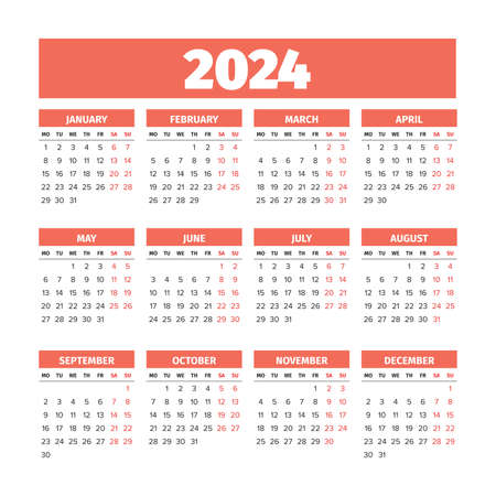 2024 Calendar with the weeks start on Mondayのイラスト素材