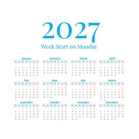 2027 Calendar with the weeks start on Mondayのイラスト素材