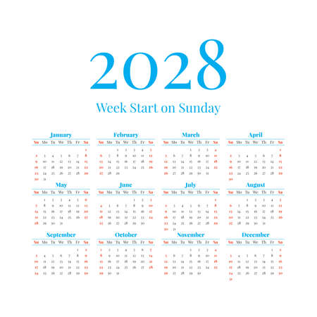 2028 Calendar with the weeks start on Sundayのイラスト素材
