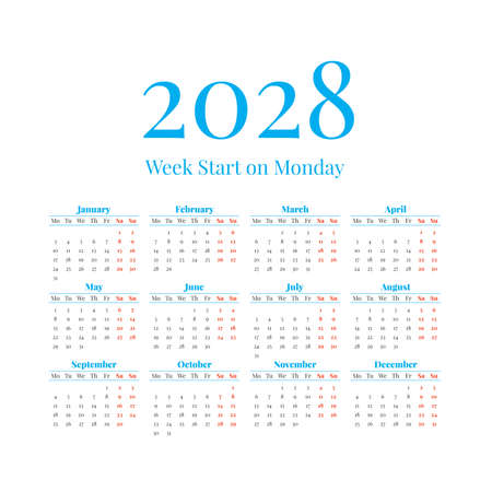 2028 Calendar with the weeks start on Mondayのイラスト素材