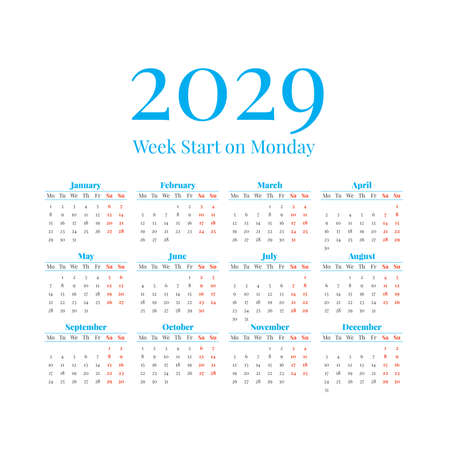 2029 Calendar with the weeks start on Mondayのイラスト素材
