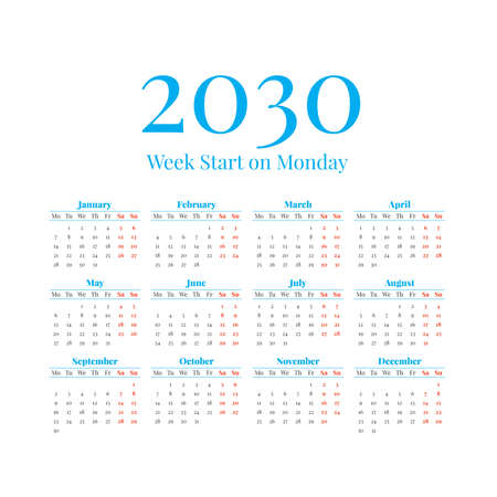 2030 Calendar with the weeks start on Mondayのイラスト素材