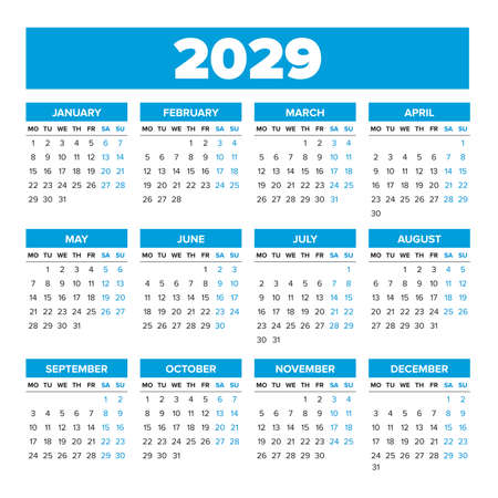 2029 Simple vector calendar. Weeks start on Mondayのイラスト素材