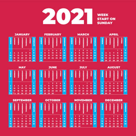 2021 Calendar template with weeks start on Sundayのイラスト素材