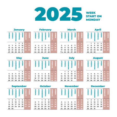 2025 Calendar template with weeks start on Mondayのイラスト素材