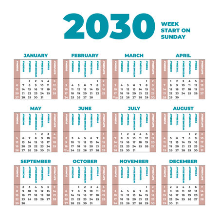 2030 Calendar template with weeks start on Sundayのイラスト素材