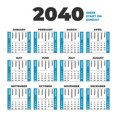 2040 Calendar template with weeks start on Sundayのイラスト素材