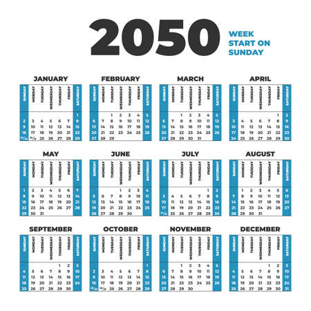2050 Calendar template with weeks start on Sundayのイラスト素材