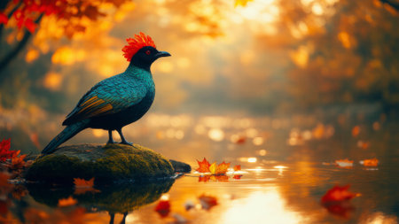 A colorful bird stands on a moss-covered rock by a serene body of water, surrounded by vibrant autumn foliage at sunrise.の写真素材