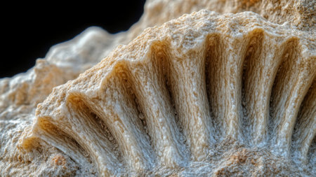 Capturing a close view of a fossilized shell, showcasing its layered structure and texture in remarkable detail.の写真素材