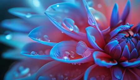 Bright petals of a flower display vivid colors as droplets of water glisten on their surface, creating an enchanting atmosphere.の写真素材