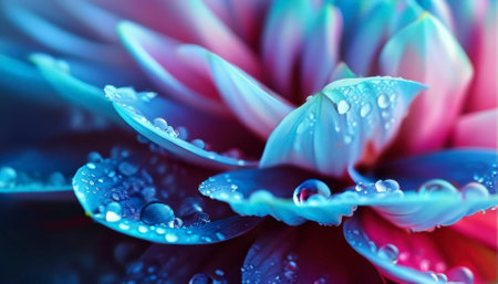 Vivid flower petals showcase a blend of colors with droplets of water reflecting light, creating a stunning visual experience.の写真素材