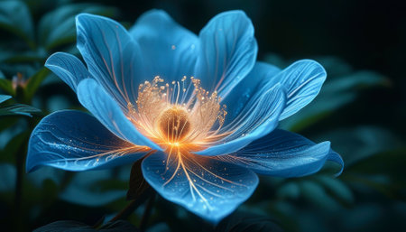 A striking blue flower unfurls its mesmerizing petals in a magical forest, revealing a captivating glow and intricate patterns.の写真素材