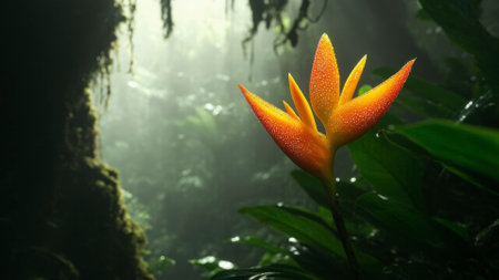 A vibrant tropical flower stands tall amidst dense foliage in a rainforest, glistening with dew droplets as morning light filters through.の写真素材