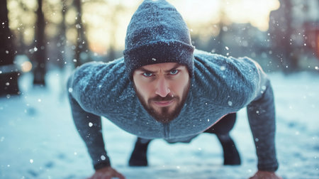 A man is performing push-ups in a snowy setting early in the morning. He wears a warm hat and exercise gear as snowflakes gently fall around him, showcasing his determination.の素材