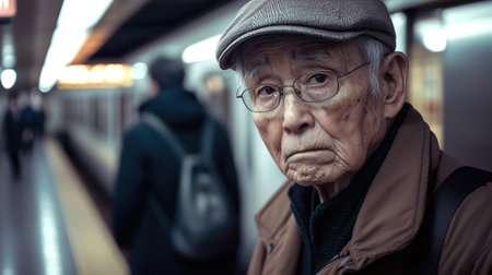An elderly man stands at a subway station, wearing a brown coat and cap. He gazes thoughtfully, surrounded by blurred figures of commuters, capturing a moment of solitude.の素材