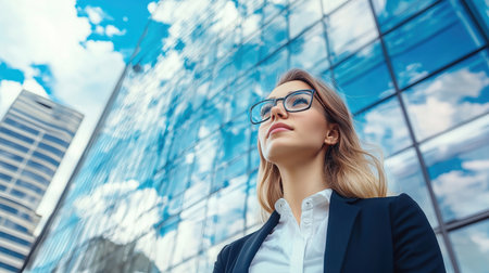 A confident woman stands in front of a sleek glass building, looking up at the clear blue sky. She wears glasses and a dark suit, embodying professionalism and ambition on a sunny afternoon.の素材