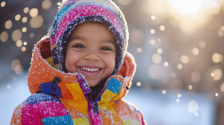 A joyful child smiles brightly amidst falling snowflakes while dressed in a vibrant jacket. The sun shines softly through the snow-covered landscape, creating a magical atmosphere.の素材