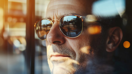 A man sits by a window, wearing sunglasses and looking outside. Bright sunlight reflects off the glass, creating a warm atmosphere in a lively city scene.の素材